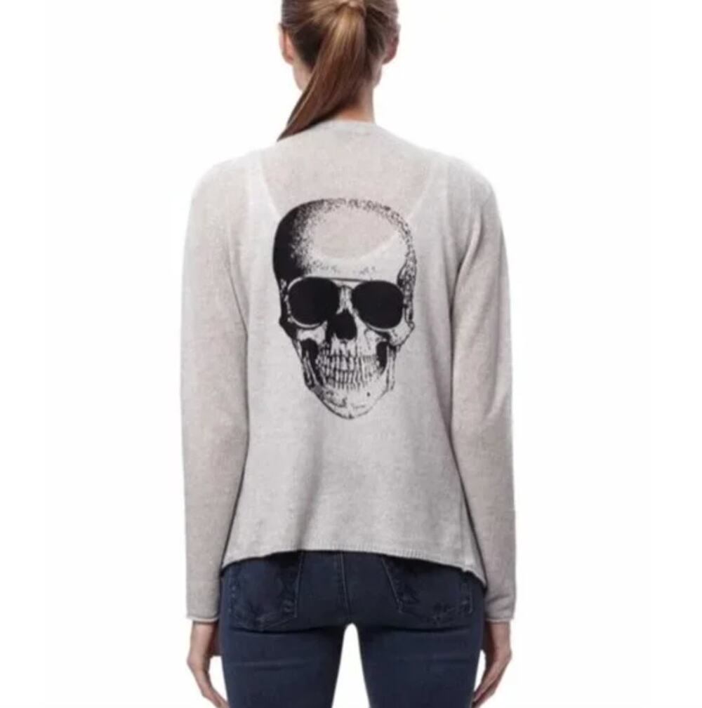 SKULL CASHMERE 100% Cashmere Fringe Skeleton Cardigan Sweater Gray {Z4}